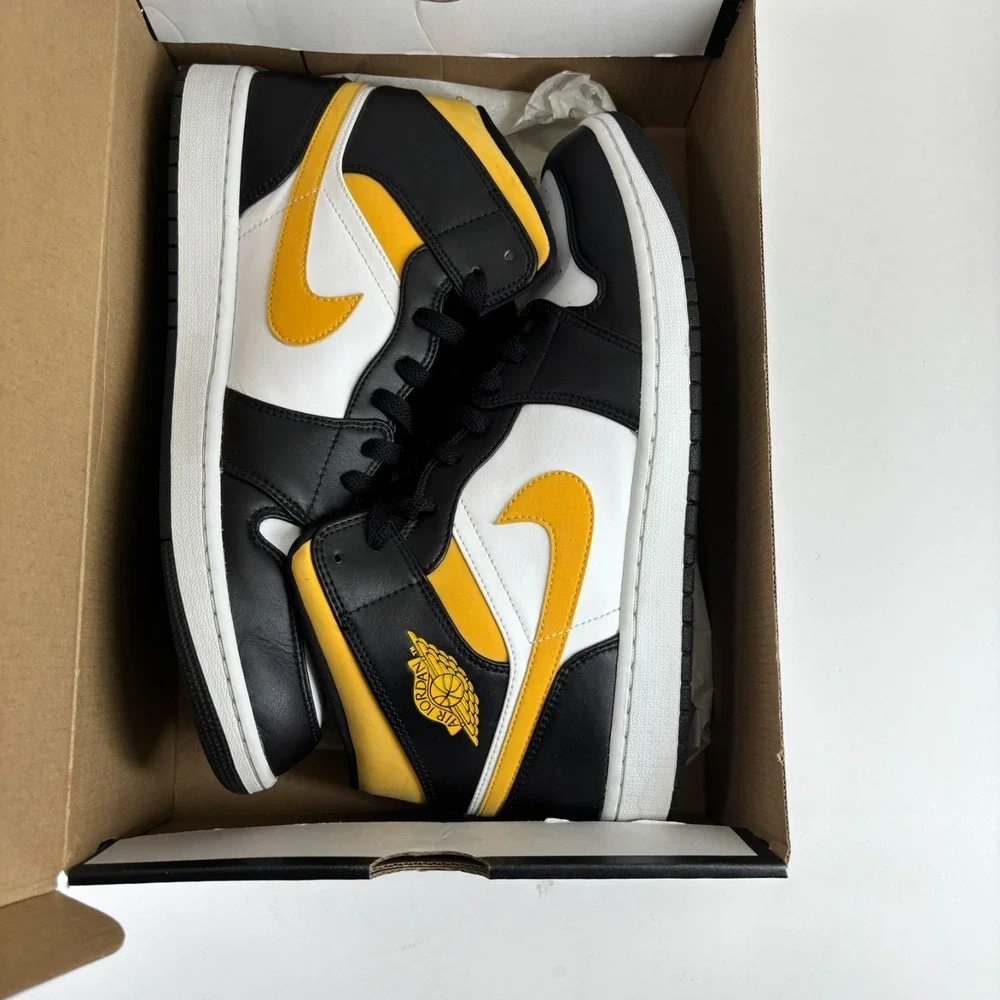 Air Jordan 1 Mid White/Pollen Black Men's US 13 University Gold Shoes 554724-177